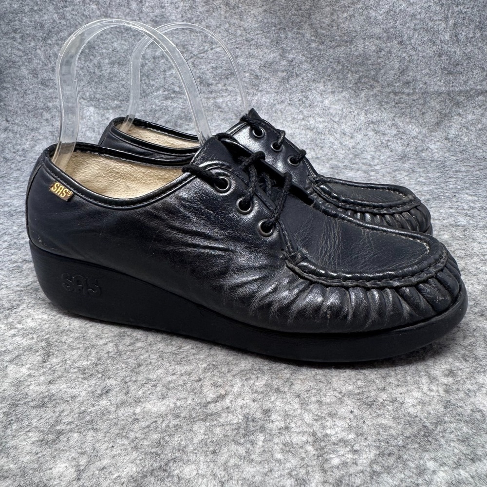 SAS Tripad Comfort Black Bounce Moccasin Lace Wedge Oxfords Womens Sz 8 Wide